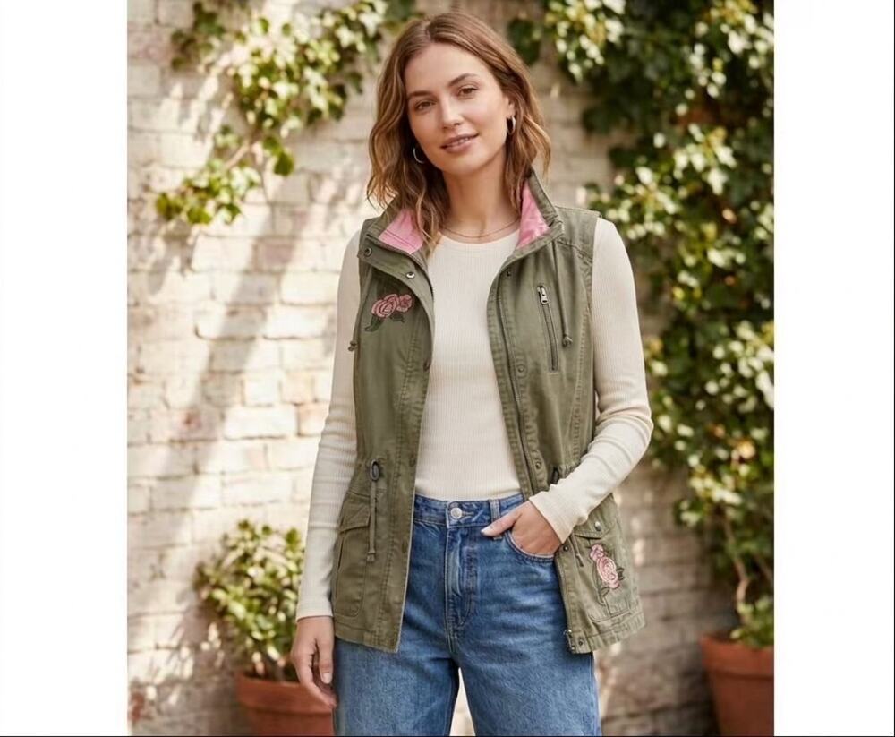 Green Sleeveless Jacket Vest Embroidered Flowers Full Zip Womens Size Large